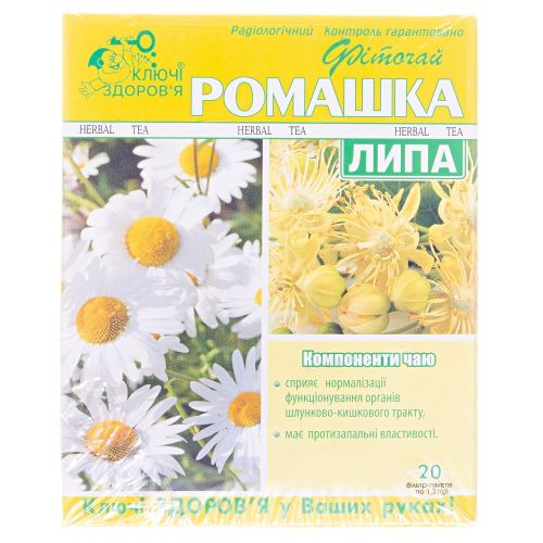 Фиточай Ключи Здоровья Ромашка и Липа в фильтр-пакетах №20 в городе Глобино : цены, характеристики.  - фото №1 Фиточай Ключи Здоровья Ромашка и Липа в фильтр-пакетах №20 в городе Глобино : цены, характеристики.
