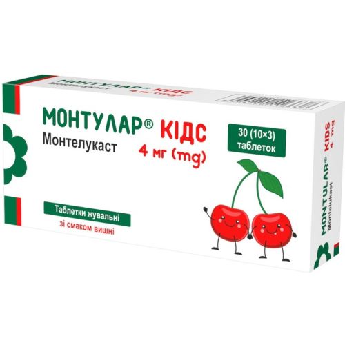 Монтулар Кидс 4 мг таблетки жевательные №30 в городе Богородчаны : цены, характеристики.  - фото №1 Монтулар Кидс 4 мг таблетки жевательные №30 в городе Богородчаны : цены, характеристики.