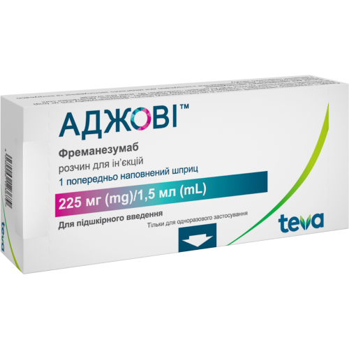Аджові 225 мг розчин 1,5 мл шприц №1 в місті Крюківщина : ціни, характеристика.  - фото №1 Аджові 225 мг розчин 1,5 мл шприц №1 в місті Крюківщина : ціни, характеристика.