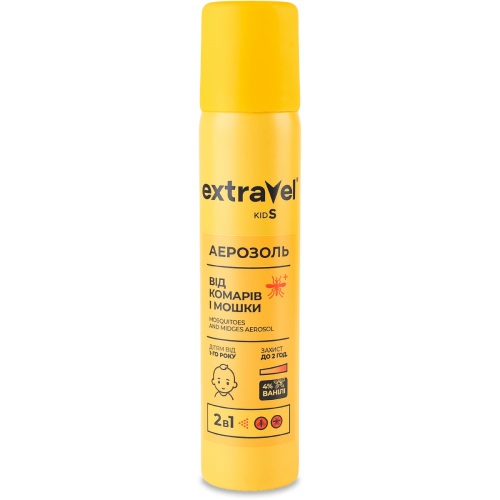 Аерозоль ExtraVel Kids від комарів і мошки 2 в 1 для дітей від 1 року, 80 мл в місті Вишгород : ціни, характеристика.  - фото №1 Аерозоль ExtraVel Kids від комарів і мошки 2 в 1 для дітей від 1 року, 80 мл в місті Вишгород : ціни, характеристика.