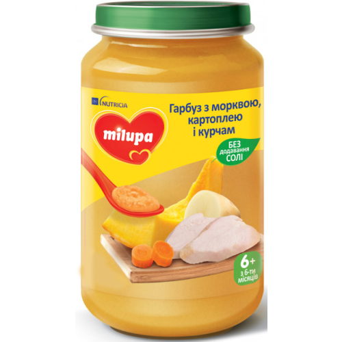 Пюре овоще-мясное Milupa Тыква с морковью, картофелем и цыпленком для детей от 6 месяцев 200 г  в городе Вышгород : цены, характеристики.  - фото №1 Пюре овоще-мясное Milupa Тыква с морковью, картофелем и цыпленком для детей от 6 месяцев 200 г  в городе Вышгород : цены, характеристики.