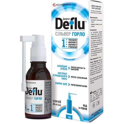 Дефлю Сільвер Горло лосьйон-спрей 30 мл в місті Первомайськ : ціни, характеристика.  - фото №1 Дефлю Сільвер Горло лосьйон-спрей 30 мл в місті Первомайськ : ціни, характеристика.