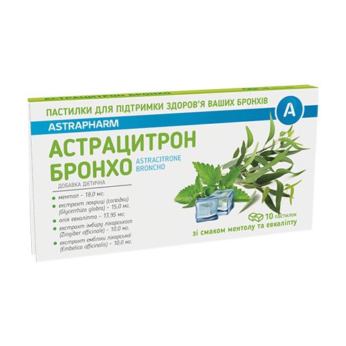 Астрацитрон Бронхо пастилки зі смаком ментолу та евкаліпту по 1,5 г №10 в місті Одеса : ціни, характеристика.  - фото №1 Астрацитрон Бронхо пастилки зі смаком ментолу та евкаліпту по 1,5 г №10 в місті Одеса : ціни, характеристика.
