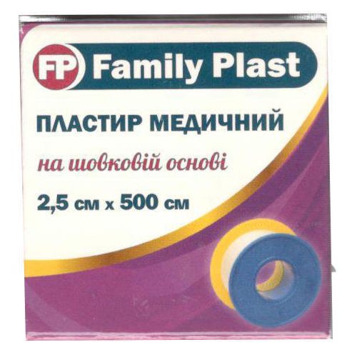 Пластир FamilyPlast медичний на шовковій основі коробка з картону з підвісом 2,5 см*500 см    в місті Канів : ціни, характеристика.  - фото №1  Пластир FamilyPlast медичний на шовковій основі коробка з картону з підвісом 2,5 см*500 см    в місті Канів : ціни, характеристика.