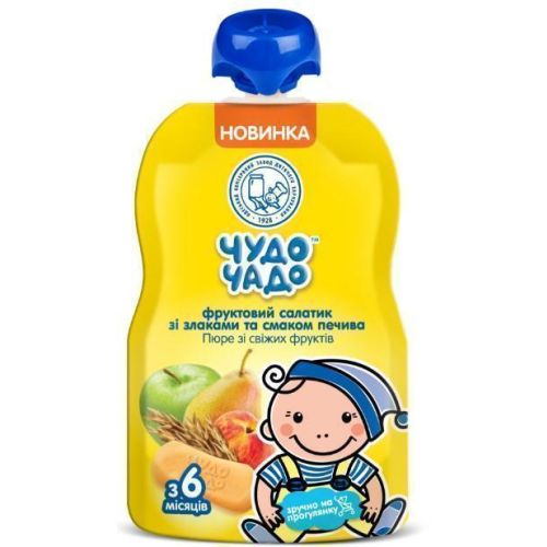 Пюре Чудо-Чадо груша/яблоко/персик со злаками и вкусом печенья без сахара 90 г в городе Вышгород : цены, характеристики.  - фото №1 Пюре Чудо-Чадо груша/яблоко/персик со злаками и вкусом печенья без сахара 90 г в городе Вышгород : цены, характеристики.