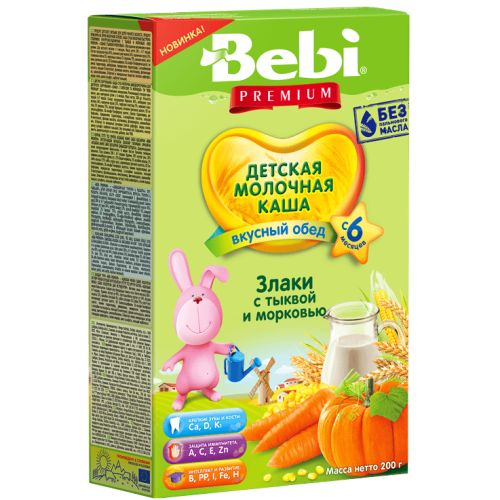 Каша молочная Bebi Premium Вкусный обед злаки с тыквой и морковью с 6 месяцев 200 г в городе Львов : цены, характеристики.  - фото №1 Каша молочная Bebi Premium Вкусный обед злаки с тыквой и морковью с 6 месяцев 200 г в городе Львов : цены, характеристики.