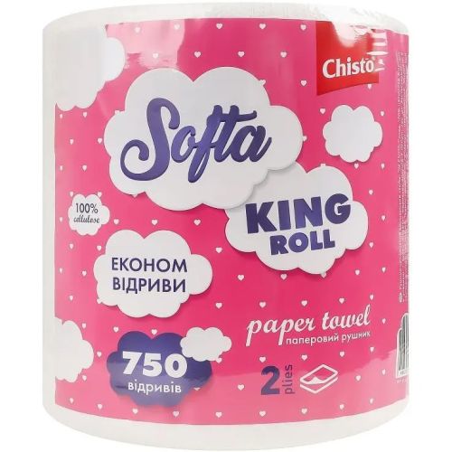 Полотенце бумажное Chisto Softa King Roll двухслойное 750 отрывов 1 рулон в городе Глобино : цены, характеристики.  - фото №1 Полотенце бумажное Chisto Softa King Roll двухслойное 750 отрывов 1 рулон в городе Глобино : цены, характеристики.
