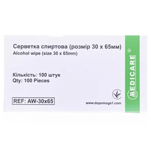 Салфетки спиртовые Medicare медицинские 30 мм х 65 мм №100 в городе Софиевка : цены, характеристики.  - фото №1 Салфетки спиртовые Medicare медицинские 30 мм х 65 мм №100 в городе Софиевка : цены, характеристики.