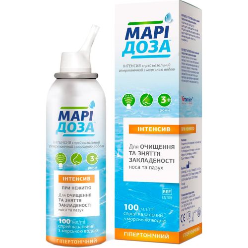 Марідоза Інтенсив спрей назальний з морською водою гіпертонічний флакон 100 мл в місті Софіївка : ціни, характеристика.  - фото №1 Марідоза Інтенсив спрей назальний з морською водою гіпертонічний флакон 100 мл в місті Софіївка : ціни, характеристика.