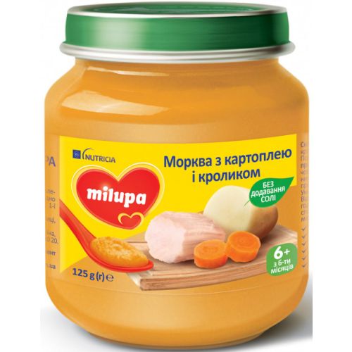Пюре овочево-м’ясне Milupa Морква з картоплею і кроликом для дітей від 6 місяців 125 г в місті Глобине : ціни, характеристика.  - фото №1 Пюре овочево-м’ясне Milupa Морква з картоплею і кроликом для дітей від 6 місяців 125 г в місті Глобине : ціни, характеристика.