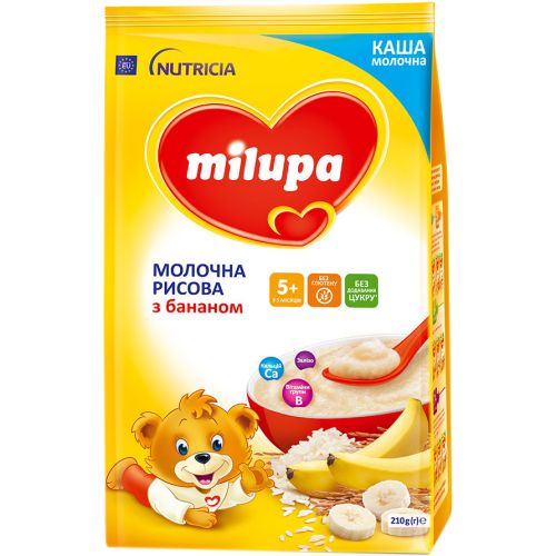 Каша Milupa суха молочна рисова з бананом, від 5 місяців, 210 г в місті Трускавець : ціни, характеристика.  - фото №1 Каша Milupa суха молочна рисова з бананом, від 5 місяців, 210 г в місті Трускавець : ціни, характеристика.