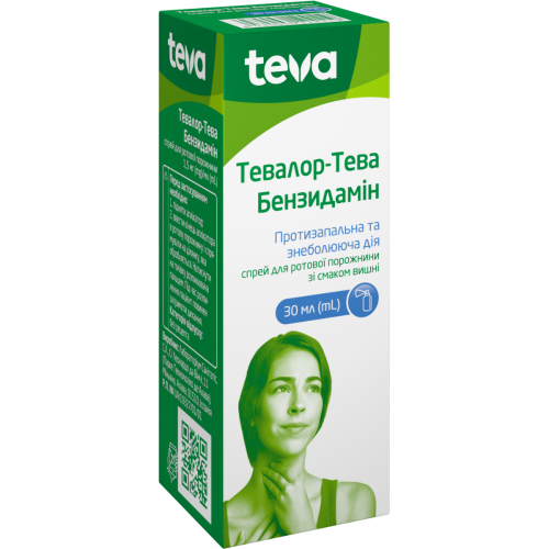 Тевалор-Тева Бензидамін спрей для ротової порожнини 1,5 мг/мл флакон 30 мл в місті Рахів : ціни, характеристика.  - фото №1 Тевалор-Тева Бензидамін спрей для ротової порожнини 1,5 мг/мл флакон 30 мл в місті Рахів : ціни, характеристика.