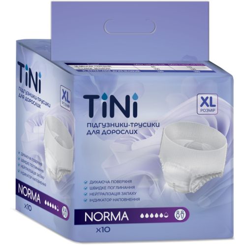 Подгузники-трусики для взрослых Tini (Тини) Norma р.XL №10 в городе Вышгород : цены, характеристики.  - фото №1 Подгузники-трусики для взрослых Tini (Тини) Norma р.XL №10 в городе Вышгород : цены, характеристики.