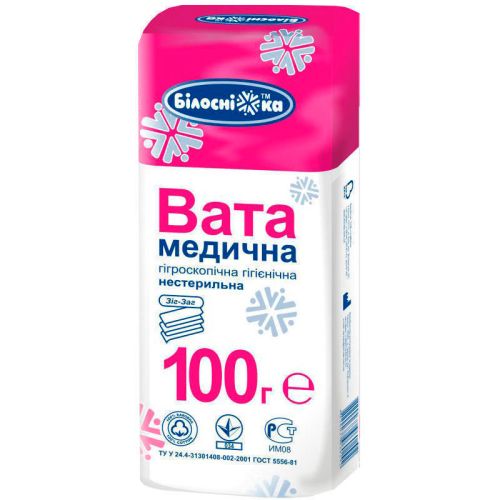Вата Зіг-заг Білосніжка медична нестерильна 100 г  в місті Софіївка : ціни, характеристика.  - фото №1 Вата Зіг-заг Білосніжка медична нестерильна 100 г  в місті Софіївка : ціни, характеристика.